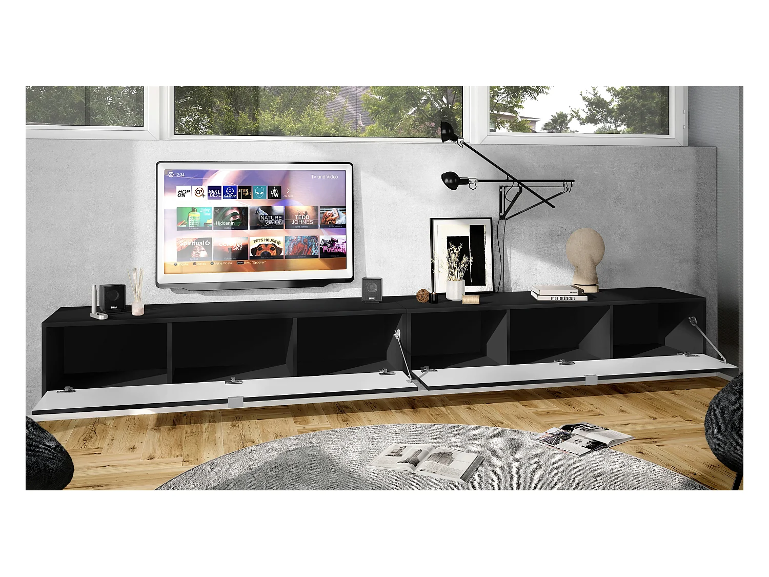 Ensemble de 2 Set Meuble TV Lana 140, lowboards de 140x29x37 cm chacun avec Beaucoup d'espace de Rangement en Noir Mat, façades en Gris Sable brillant…