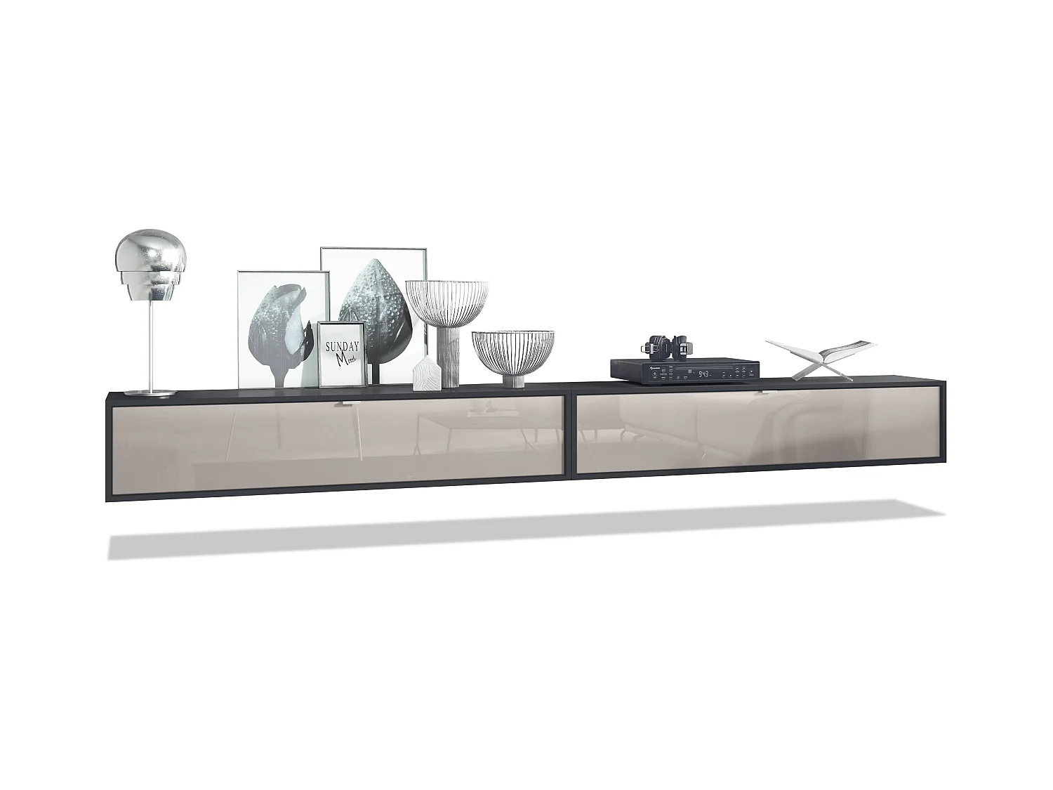 Ensemble de 2 Set Meuble TV Lana 140, lowboards de 140x29x37 cm chacun avec Beaucoup d'espace de Rangement en Noir Mat, façades en Gris Sable brillant…