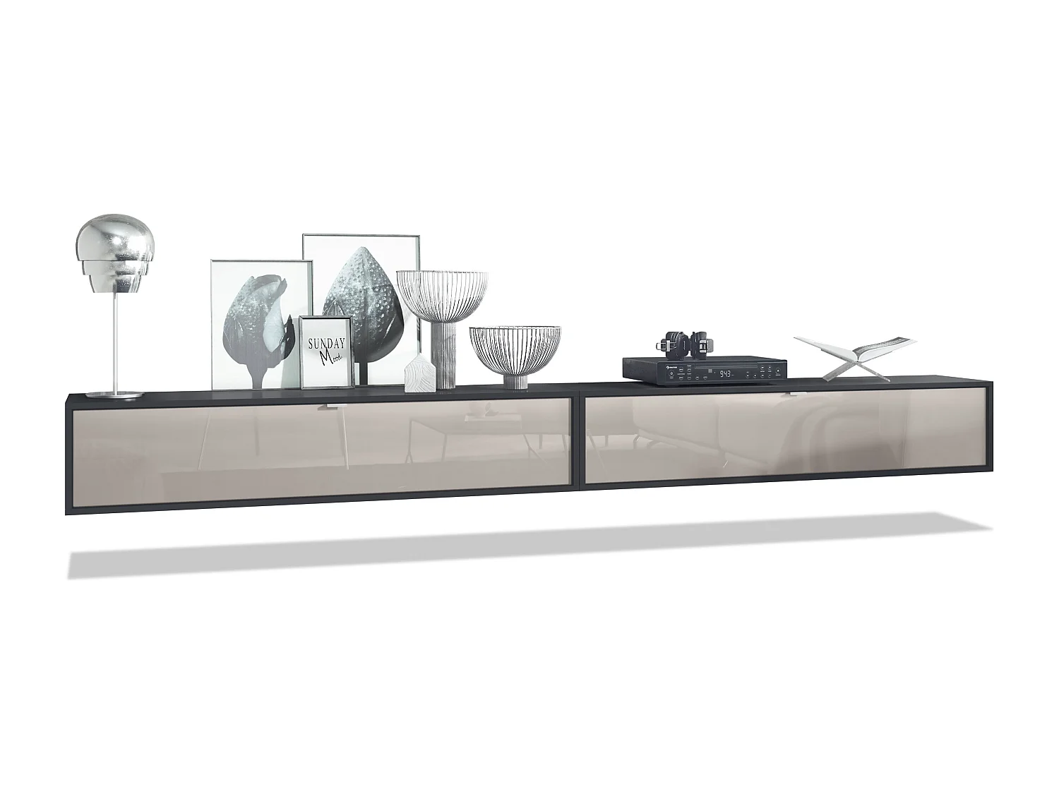 Ensemble de 2 Set Meuble TV Lana 140, lowboards de 140x29x37 cm chacun avec Beaucoup d'espace de Rangement en Noir Mat, façades en Gris Sable brillant…