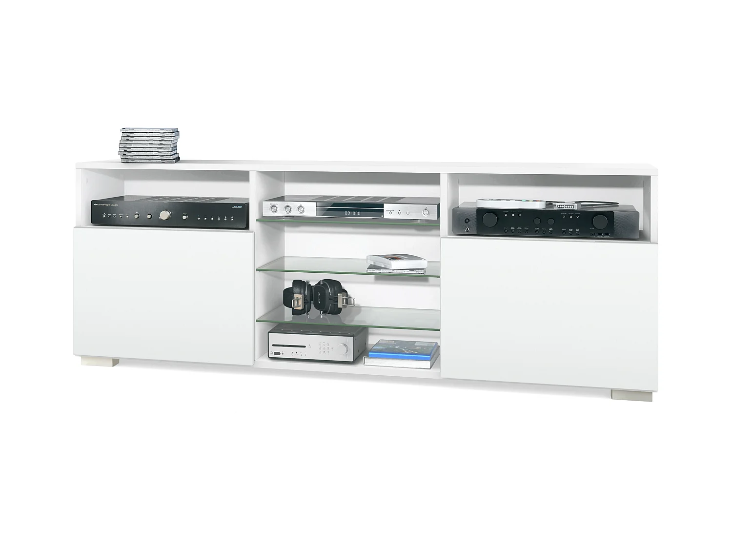 Meuble TV Granada, Lowboard avec 2 portes et 6 compartiments ouverts, corps blanc mat, façades en blanc mat (146 x 54 x 35 cm)