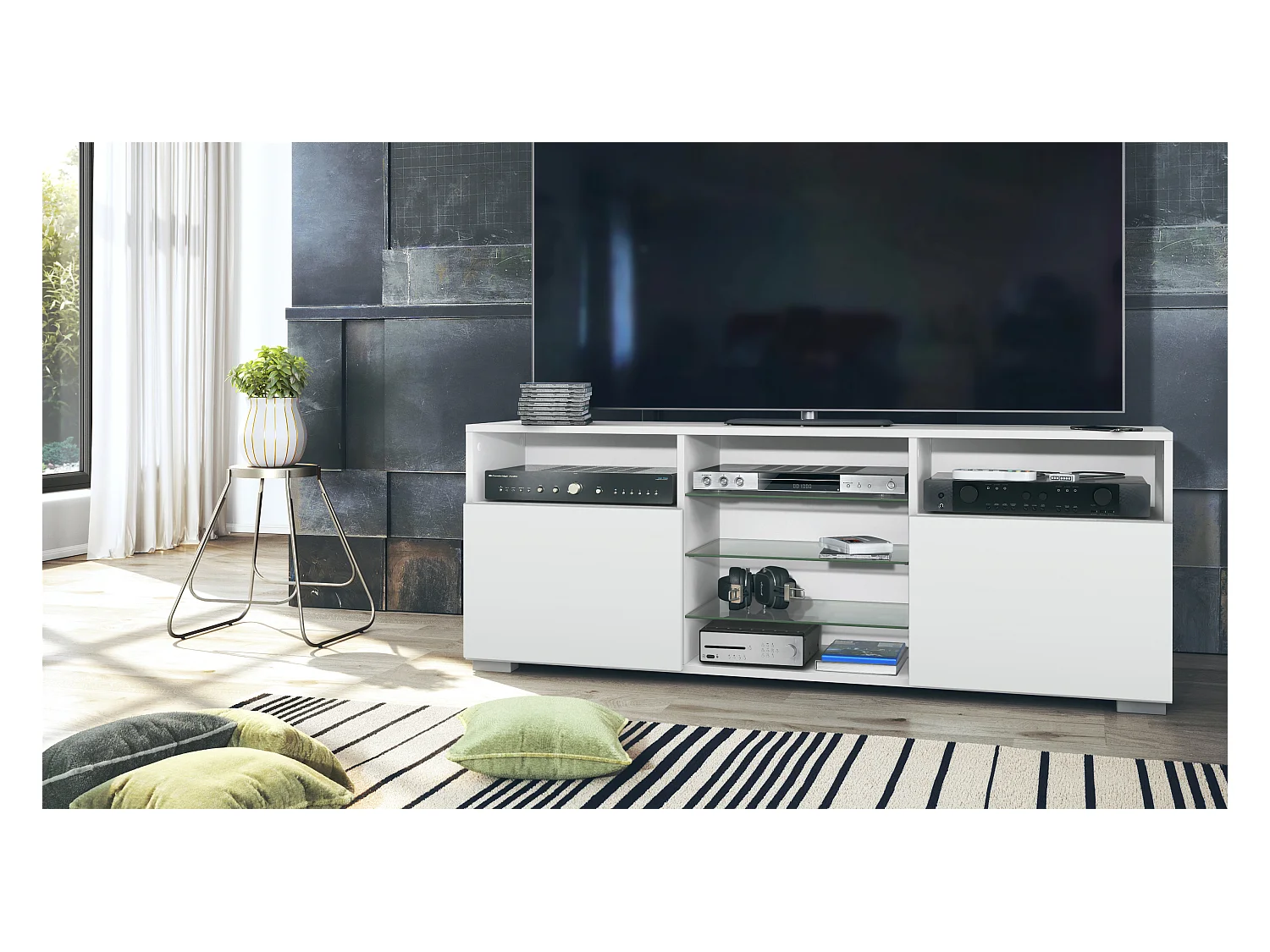 Meuble TV Granada, Lowboard avec 2 portes et 6 compartiments ouverts, corps blanc mat, façades en blanc mat (146 x 54 x 35 cm)