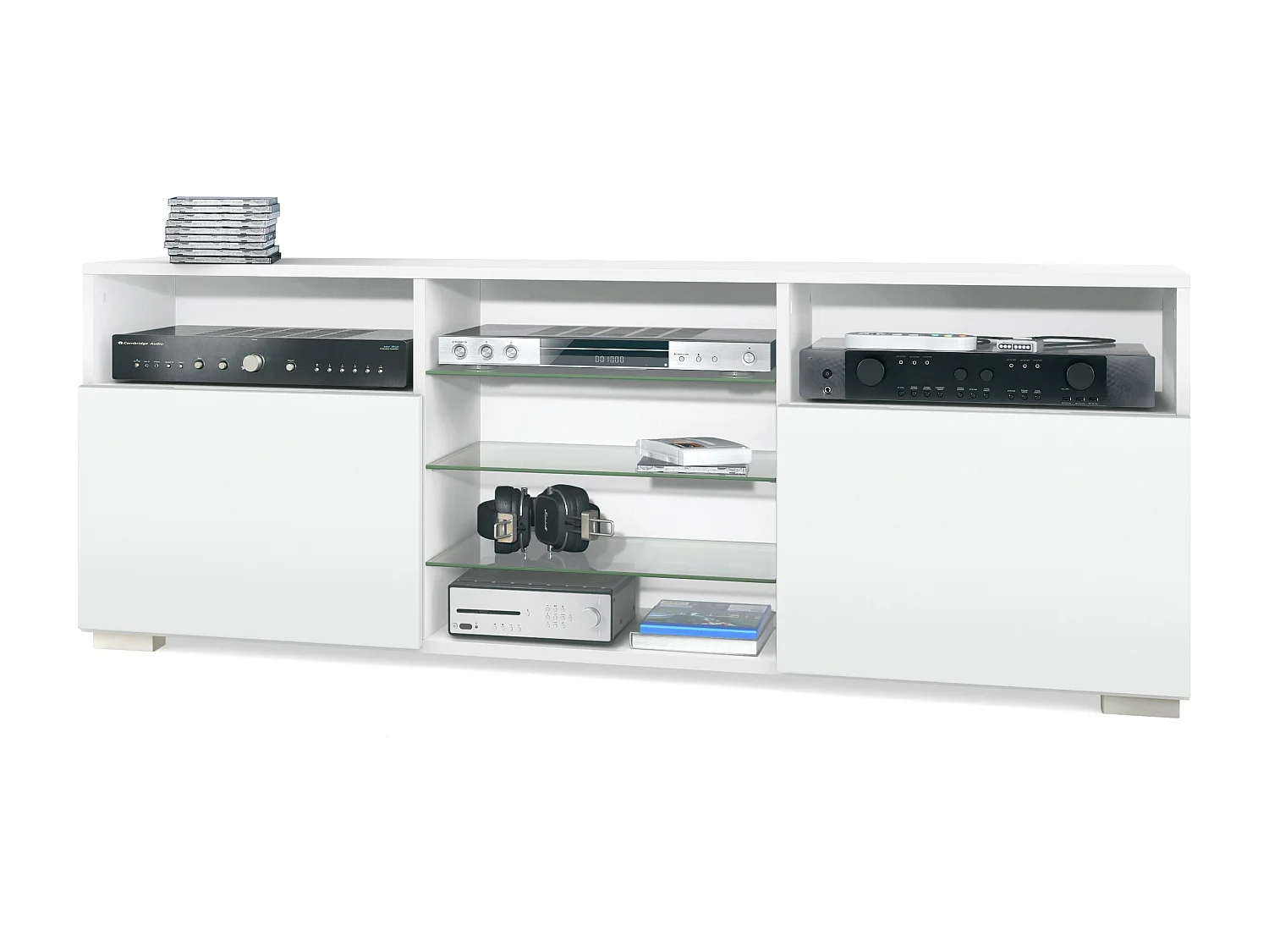 Meuble TV Granada, Lowboard avec 2 portes et 6 compartiments ouverts, corps blanc mat, façades en blanc mat (146 x 54 x 35 cm)