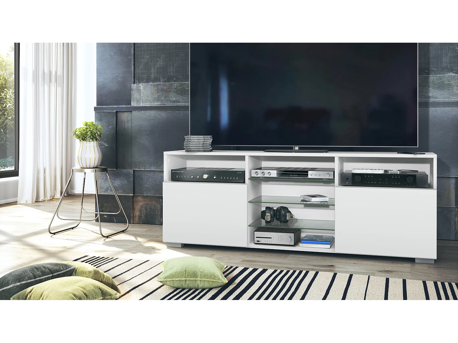 Meuble TV Granada, Lowboard avec 2 portes et 6 compartiments ouverts, corps blanc mat, façades en blanc mat (146 x 54 x 35 cm)