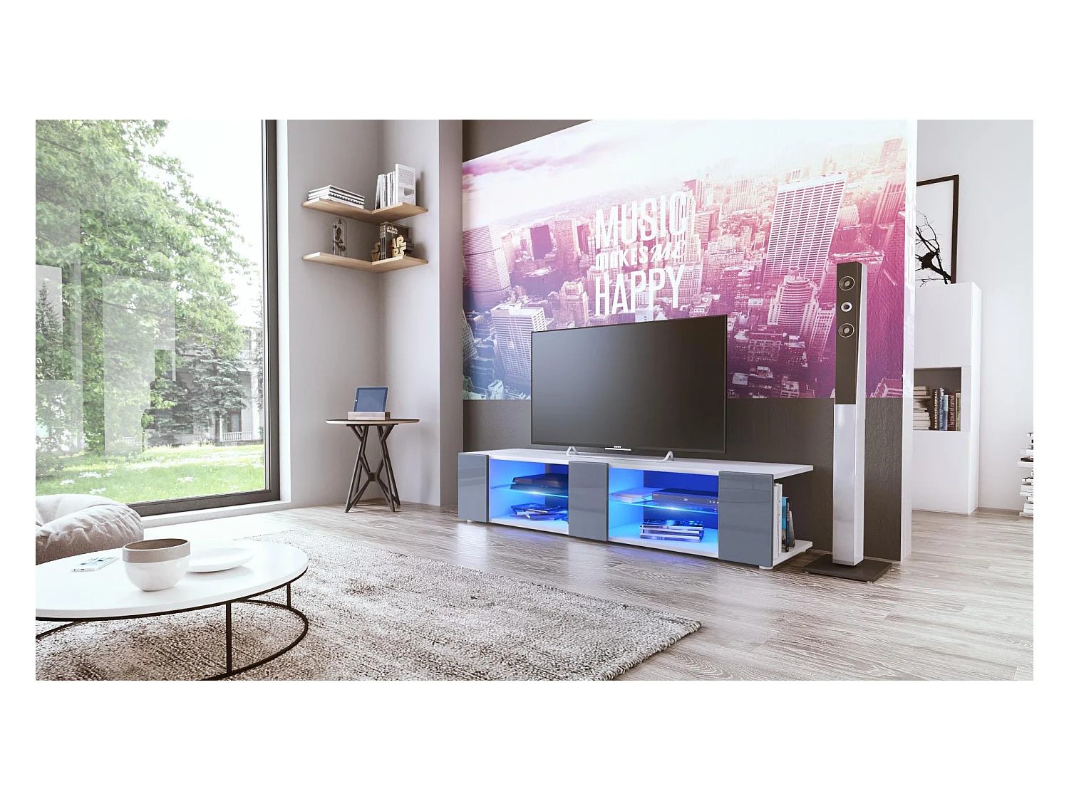 Buffet bas Movie V2, Meuble TV avec 6 compartiments ouverts et placages décoratifs, Blanc mat/Gris brillant, éclairage LED bleu inclus (134 x 29 x 39 cm)
