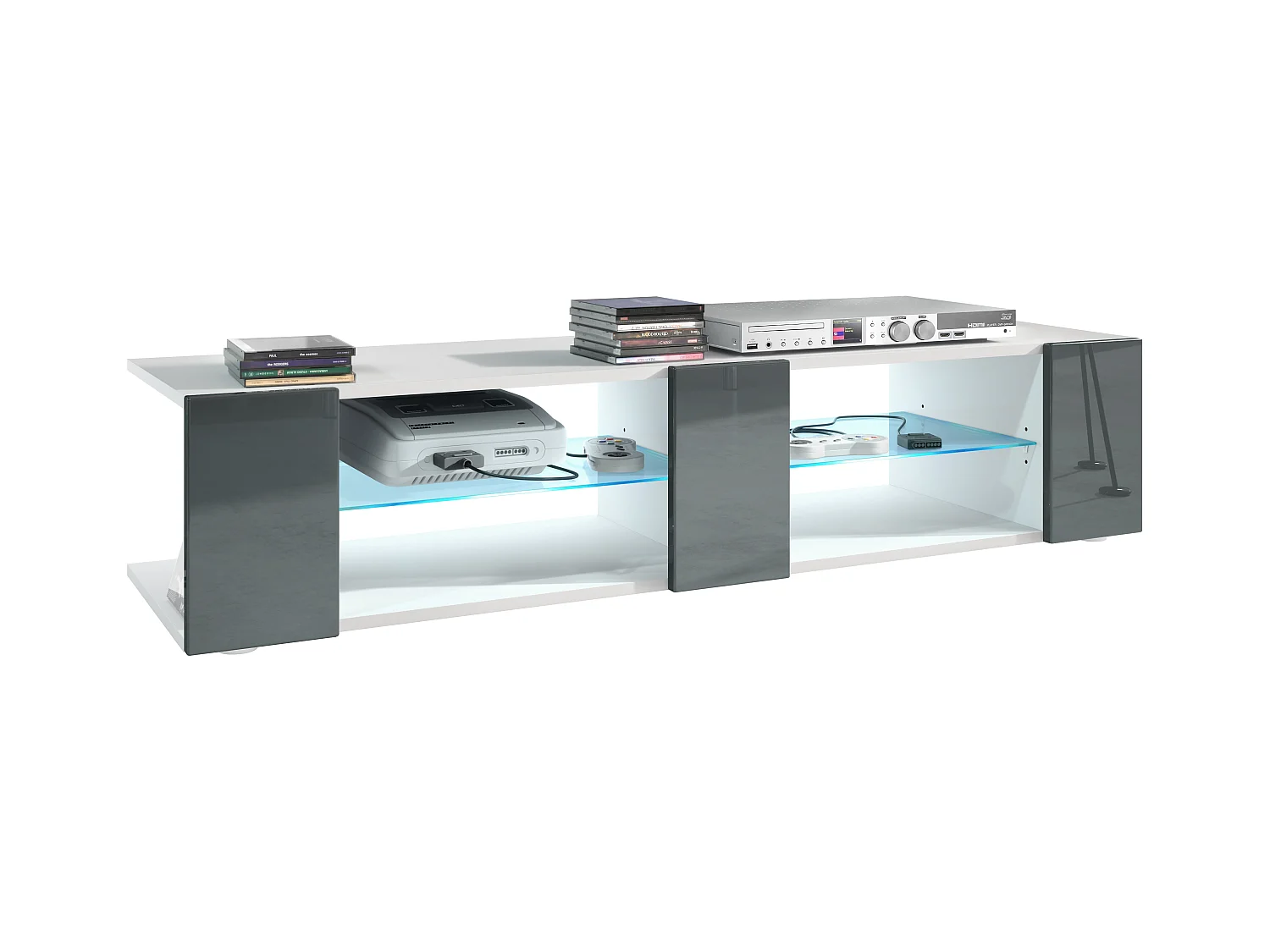 Buffet bas Movie V2, Meuble TV avec 6 compartiments ouverts et placages décoratifs, Blanc mat/Gris brillant, éclairage LED bleu inclus (134 x 29 x 39 cm)