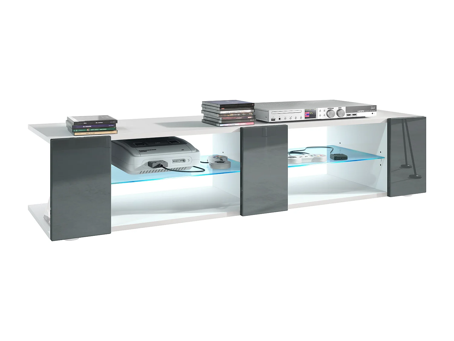Buffet bas Movie V2, Meuble TV avec 6 compartiments ouverts et placages décoratifs, Blanc mat/Gris brillant, éclairage LED bleu inclus (134 x 29 x 39 cm)