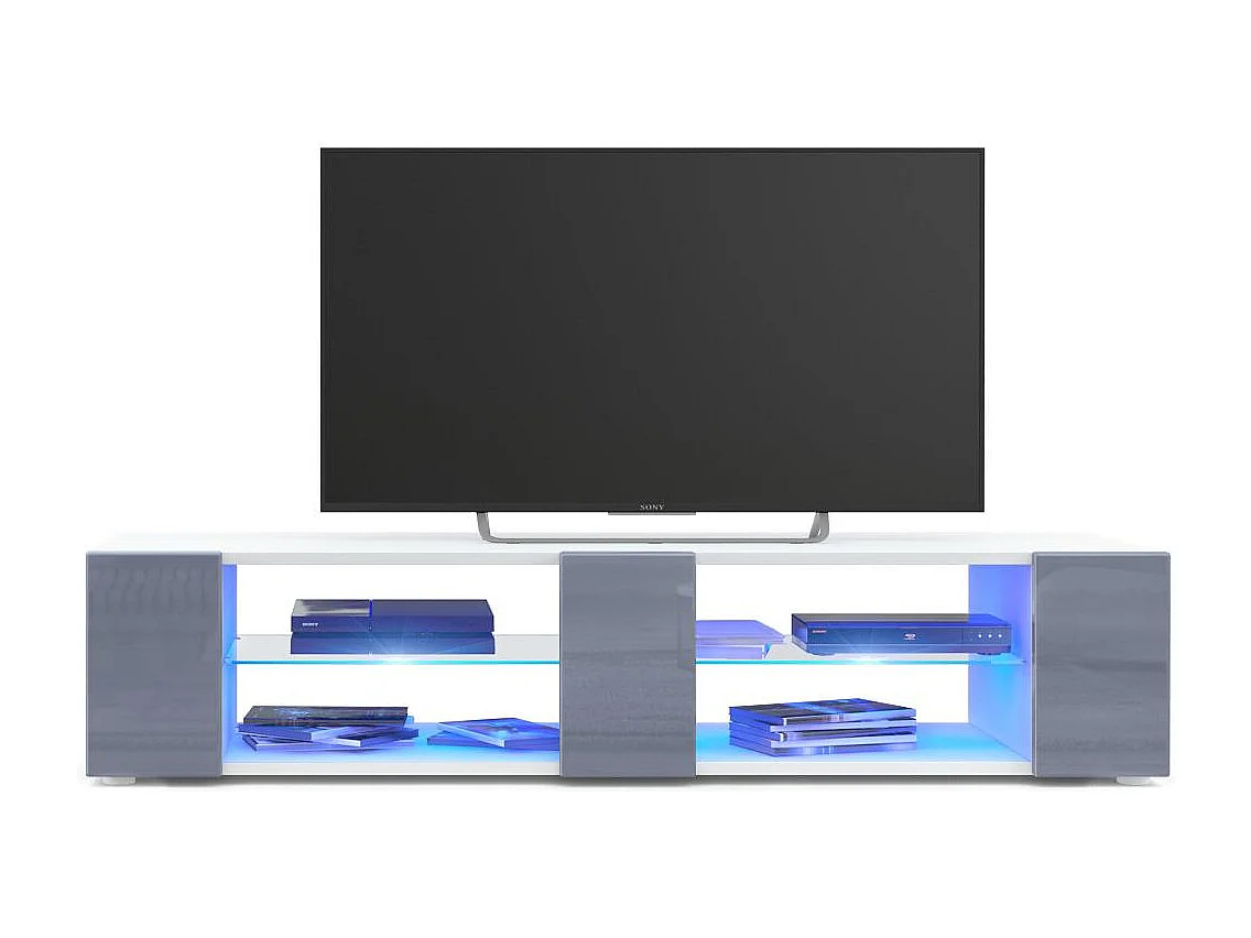 Buffet bas Movie V2, Meuble TV avec 6 compartiments ouverts et placages décoratifs, Blanc mat/Gris brillant, éclairage LED bleu inclus (134 x 29 x 39 cm)