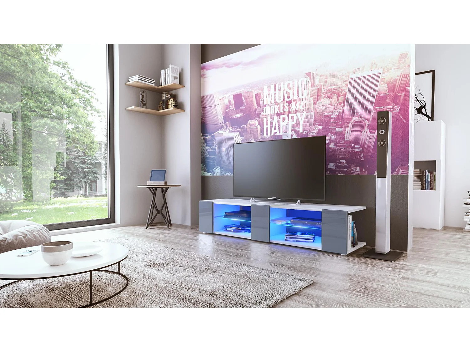 Buffet bas Movie V2, Meuble TV avec 6 compartiments ouverts et placages décoratifs, Blanc mat/Gris brillant, éclairage LED bleu inclus (134 x 29 x 39 cm)