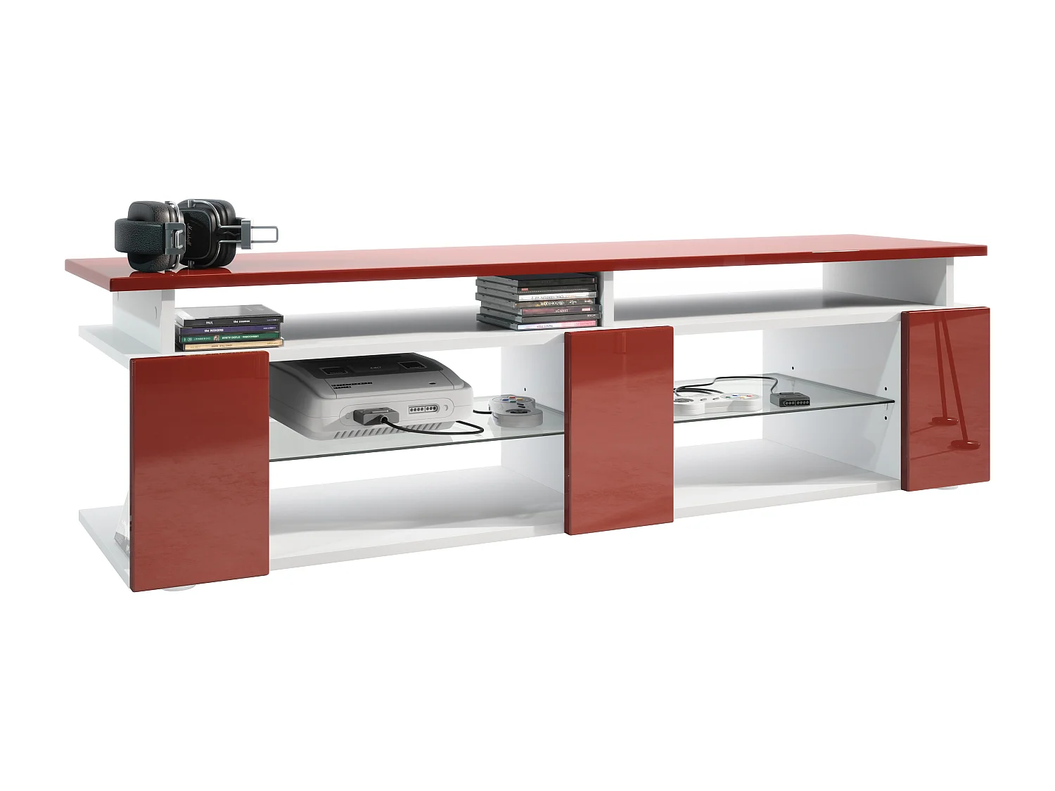 TV Board Movie V2 Game On Lowboard 138,5 x 39 x 39 cm , caisson en blanc mat, façades en bordeaux haute brillance