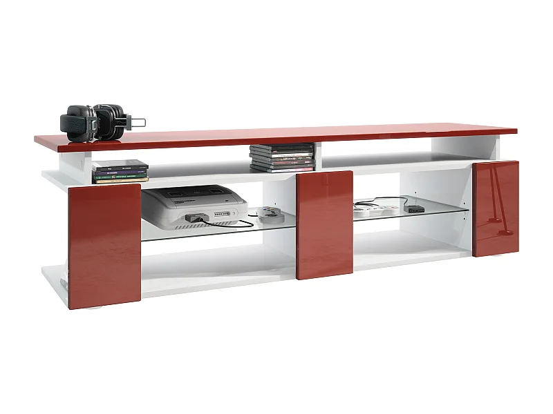 TV Board Movie V2 Game On Lowboard 138,5 x 39 x 39 cm , caisson en blanc mat, façades en bordeaux haute brillance