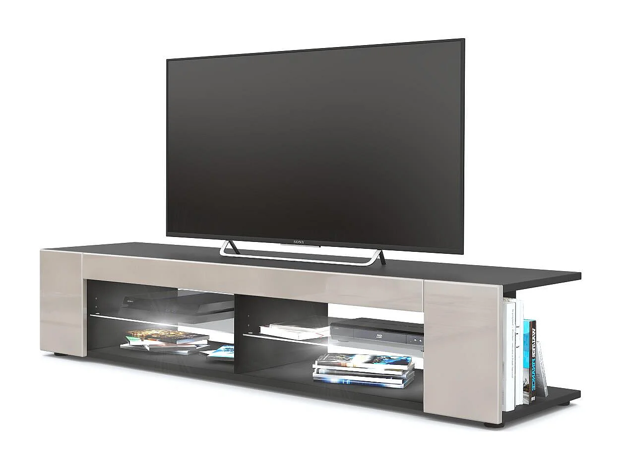 Buffet bas Movie, Meuble TV avec 4 compartiments ouverts et placages décoratifs, Noir mat/Gris sable brillant, éclairage LED blanc inclus (134 x 29 x 39 cm)