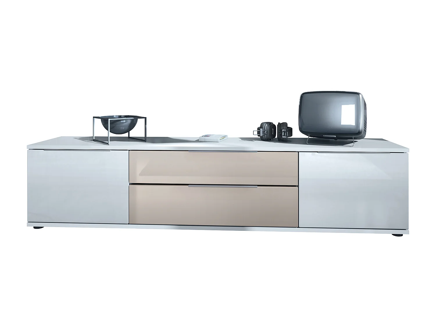 Buffet TV Linio V2, Table de télévision avec 2 portes et 2 tiroirs - Blanc / gris sable haute brillance (166,5 x 37,5 x 35 cm)