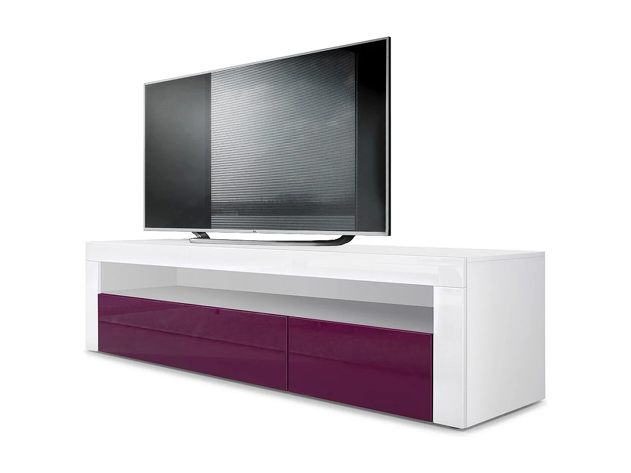 Buffet bas Valencia, Meuble TV avec 1 compartiment ouvert et 2 clapets, Blanc mat/mûre haute brillance/blanc haute brillance (155 x 46 x 40 cm)