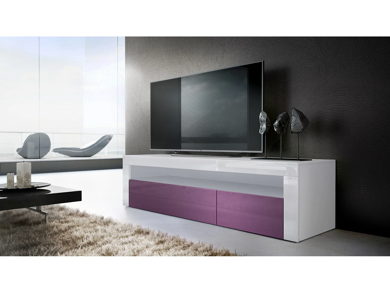 Buffet bas Valencia, Meuble TV avec 1 compartiment ouvert et 2 clapets, Blanc mat/mûre haute brillance/blanc haute brillance (155 x 46 x 40 cm)