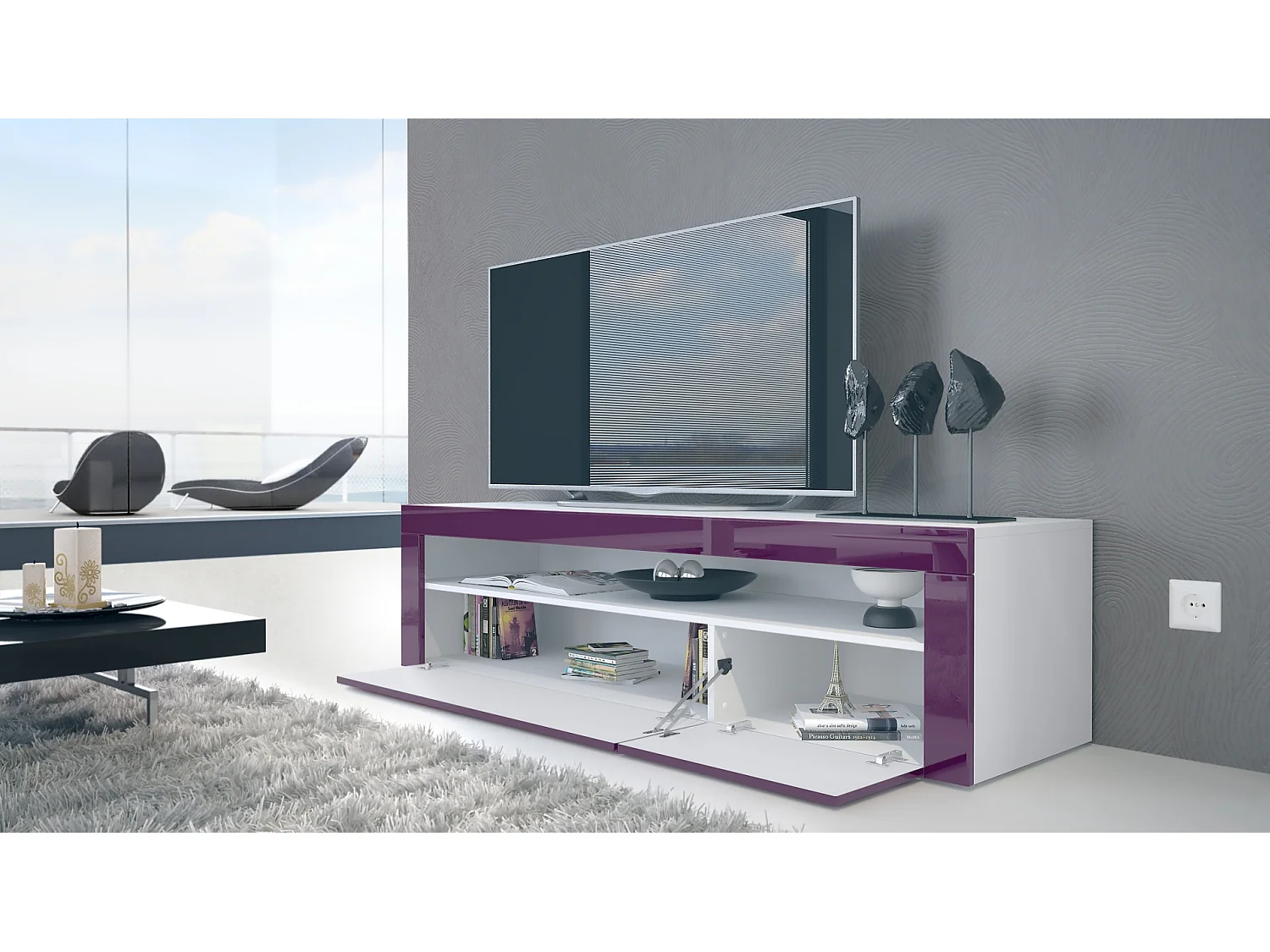 Buffet bas Valencia, Meuble TV avec 1 compartiment ouvert et 2 clapets, Blanc mat/mûre haute brillance/blanc haute brillance (155 x 46 x 40 cm)