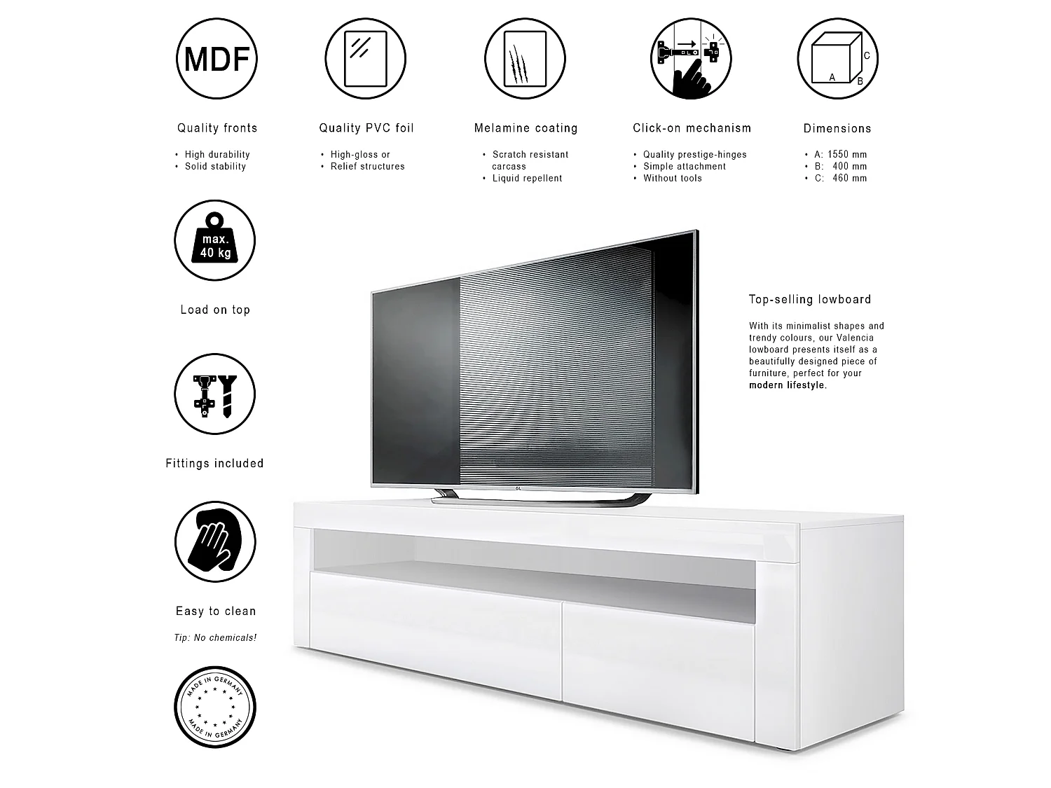 Buffet bas Valencia, Meuble TV avec 1 compartiment ouvert et 2 clapets, Blanc mat/mûre haute brillance/blanc haute brillance (155 x 46 x 40 cm)
