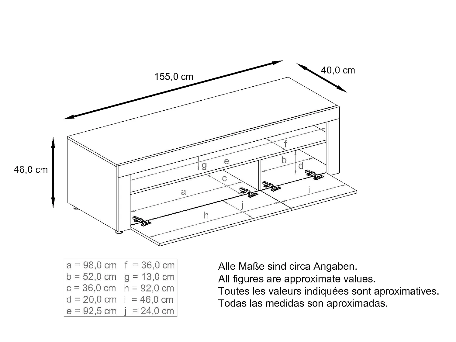 Buffet bas Valencia, Meuble TV avec 1 compartiment ouvert et 2 clapets, Blanc mat/mûre haute brillance/blanc haute brillance (155 x 46 x 40 cm)