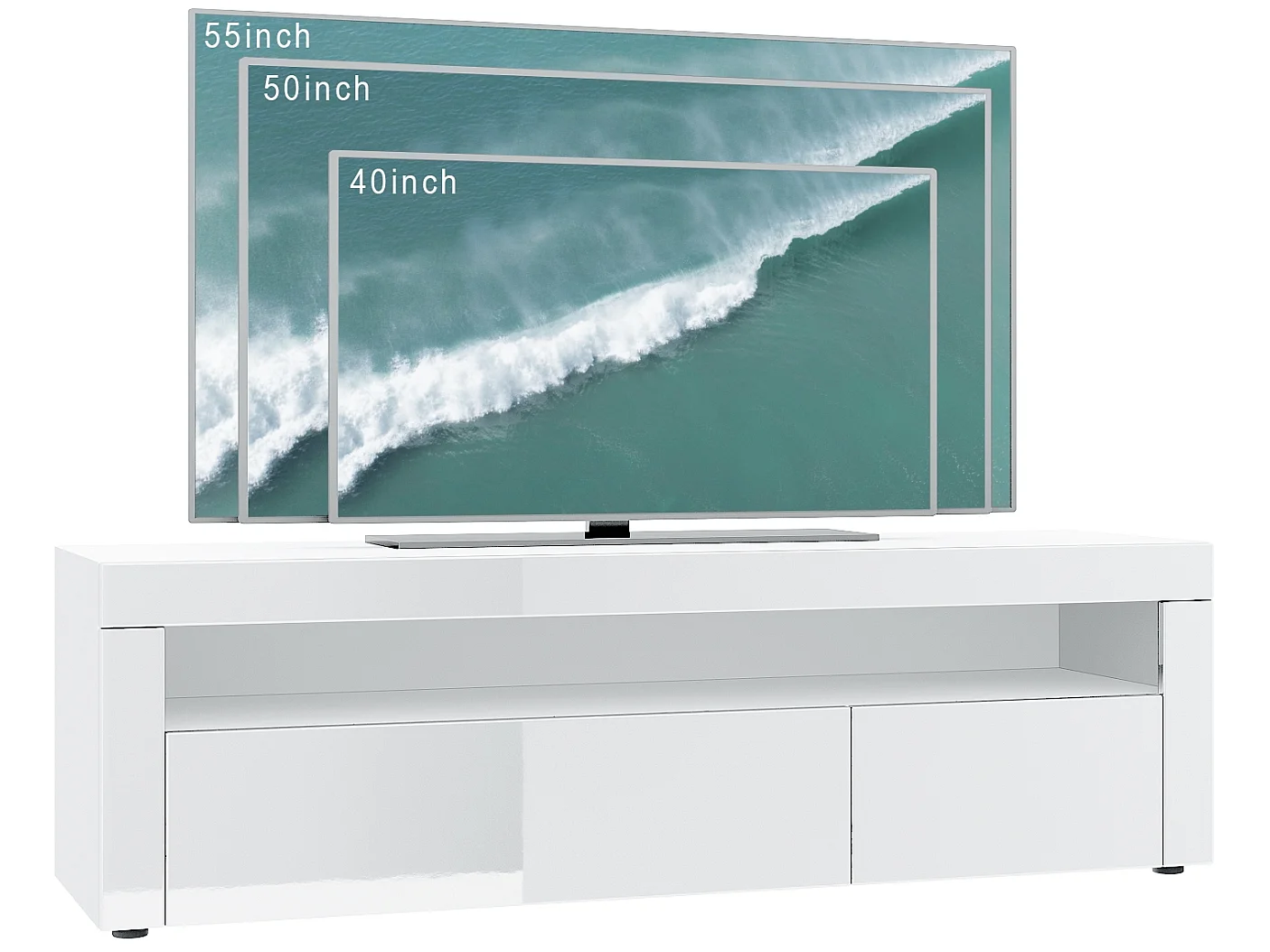 Buffet bas Valencia, Meuble TV avec 1 compartiment ouvert et 2 clapets, Blanc mat/mûre haute brillance/blanc haute brillance (155 x 46 x 40 cm)