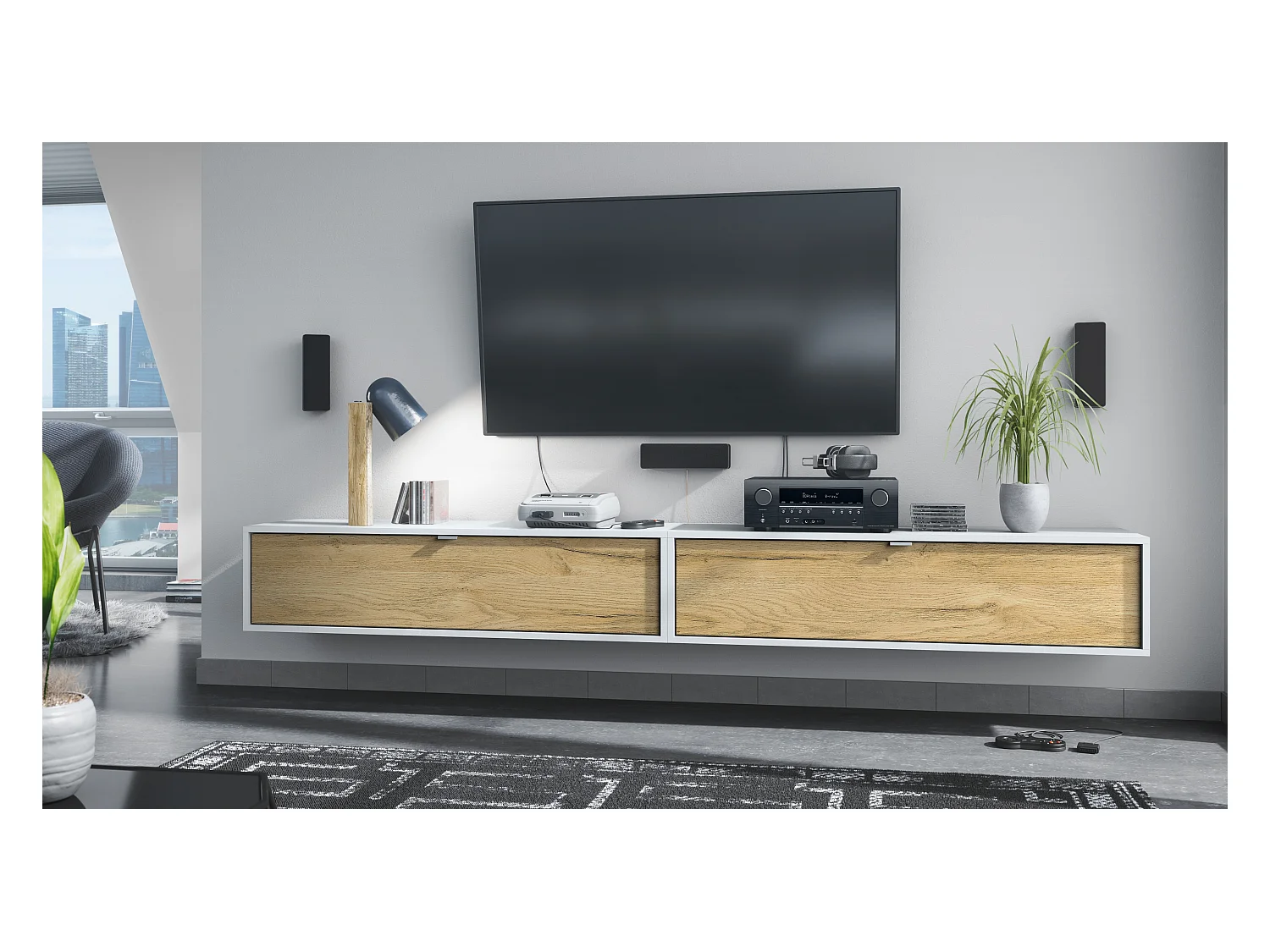 Ensemble de 2 set meuble TV Lana 120, lowboards de 120x29x37 cm chacun avec beaucoup d'espace de rangement, caisson en Blanc mat, façades en Chêne Nature