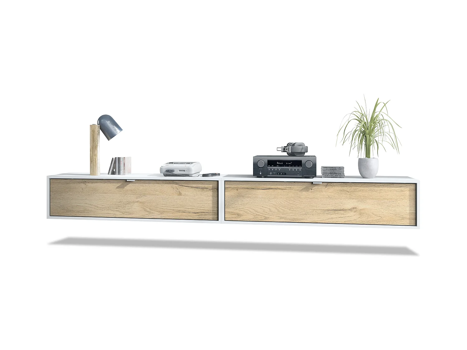 Ensemble de 2 set meuble TV Lana 120, lowboards de 120x29x37 cm chacun avec beaucoup d'espace de rangement, caisson en Blanc mat, façades en Chêne Nature