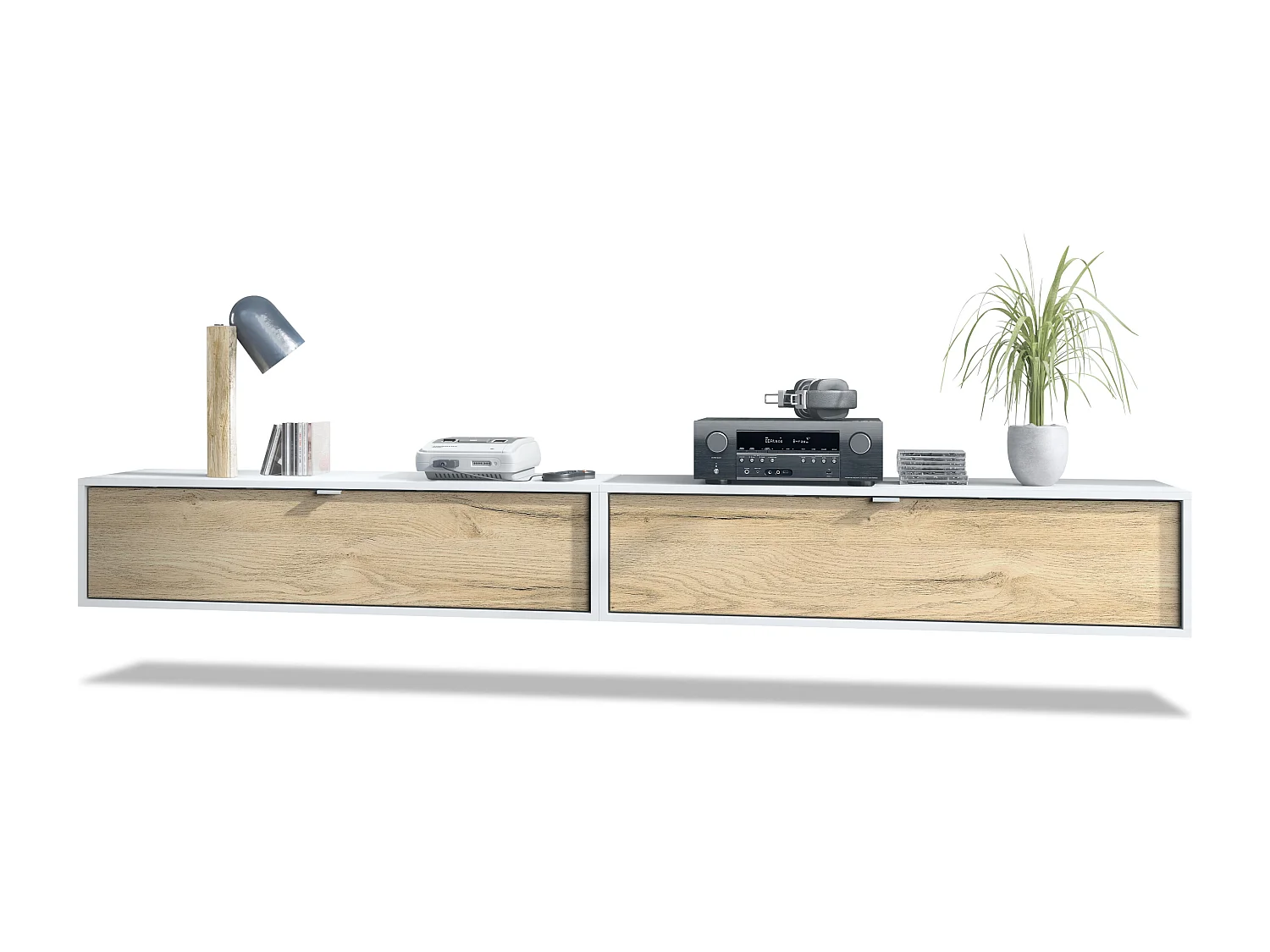 Ensemble de 2 set meuble TV Lana 120, lowboards de 120x29x37 cm chacun avec beaucoup d'espace de rangement, caisson en Blanc mat, façades en Chêne Nature