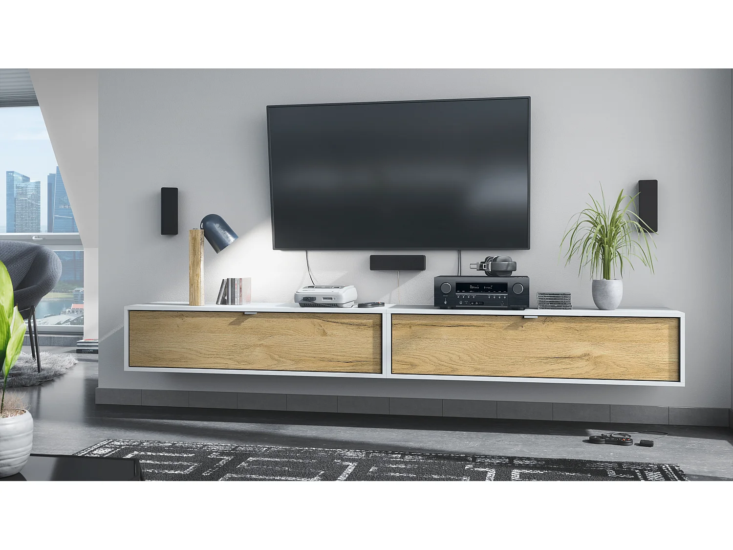 Ensemble de 2 set meuble TV Lana 120, lowboards de 120x29x37 cm chacun avec beaucoup d'espace de rangement, caisson en Blanc mat, façades en Chêne Nature