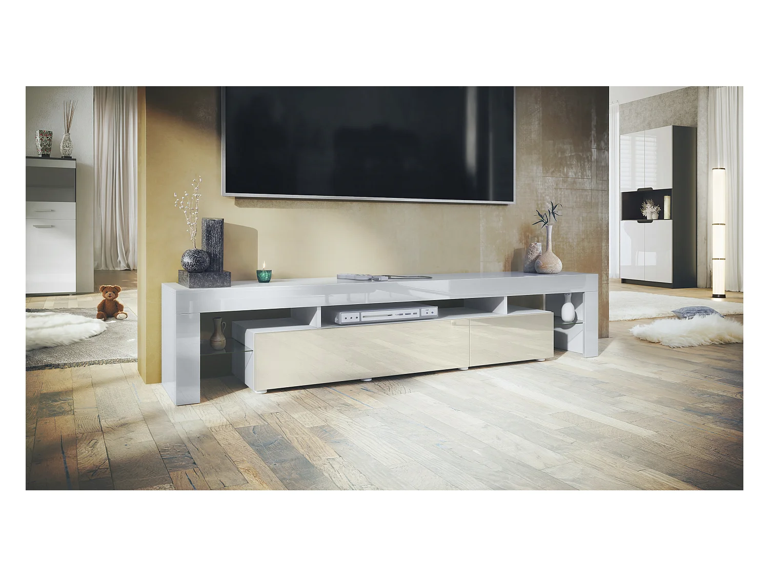 Buffet bas Lima V2, Meuble TV avec 2 clapets, 1 compartiment ouvert et 2 étagères en verre, Blanc haute brillance/Crème haute brillance (189 x 38 x 35 cm)