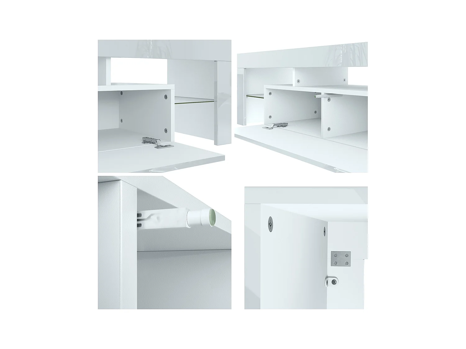 Buffet bas Lima V2, Meuble TV avec 2 clapets, 1 compartiment ouvert et 2 étagères en verre, Blanc haute brillance/Crème haute brillance (189 x 38 x 35 cm)