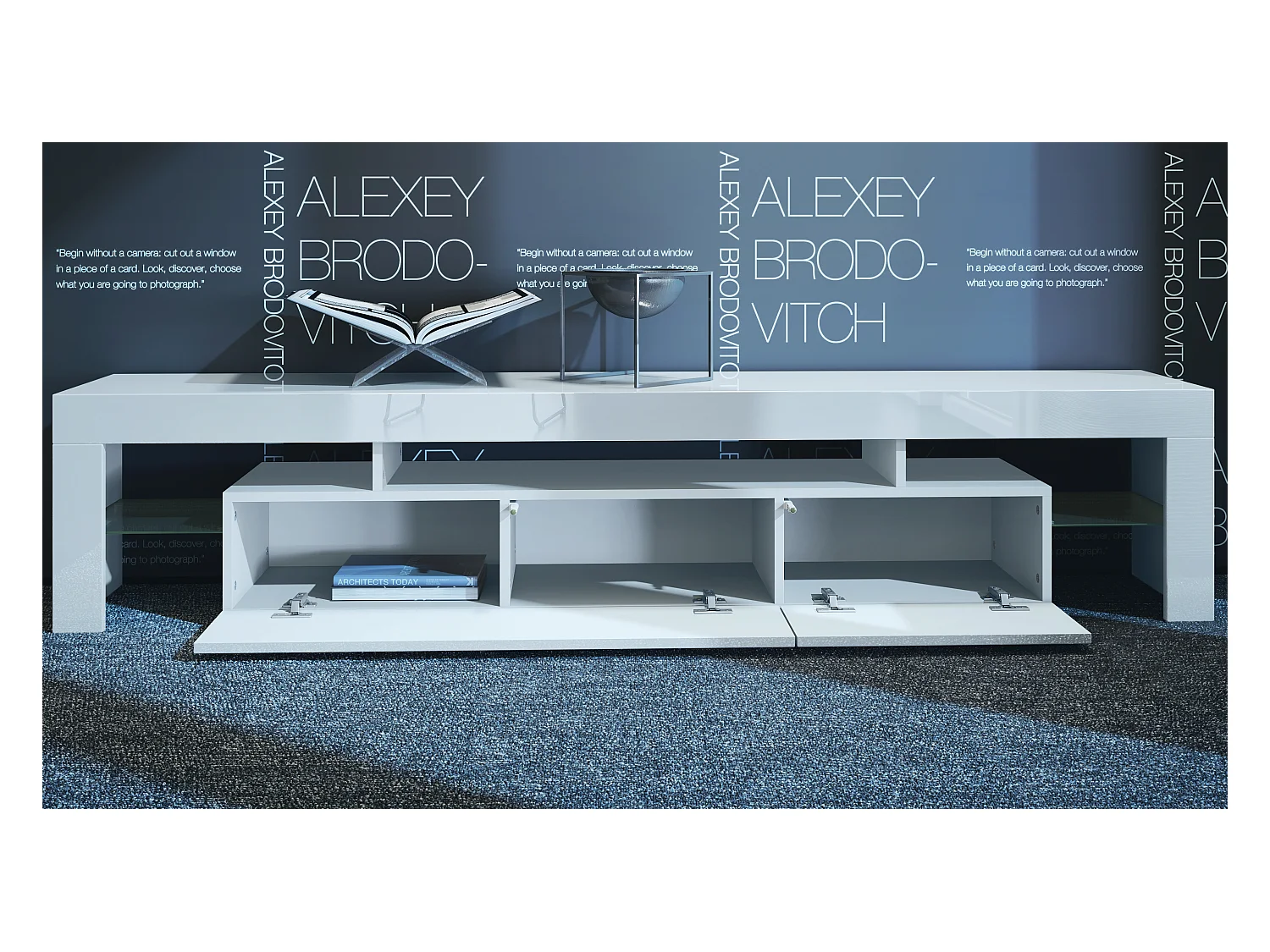 Buffet bas Lima V2, Meuble TV avec 2 clapets, 1 compartiment ouvert et 2 étagères en verre, Blanc haute brillance/Crème haute brillance (189 x 38 x 35 cm)