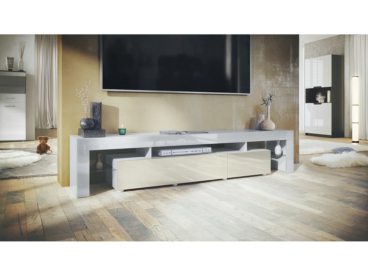 Mobiletto  Lima V2, mobile TV con 2 ante a ribalta, 1 vano a giorno e 2 ripiani in vetro, bianco lucido/bianco lucido (189 x 38 x 35 cm)