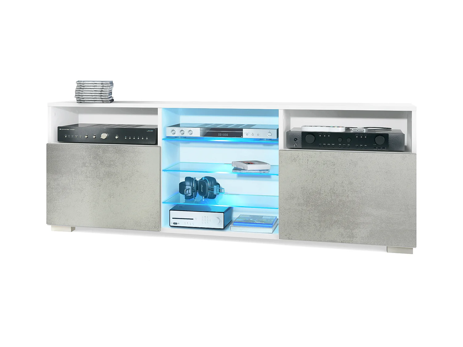 Meuble TV Granada, Lowboard avec 2 portes et 6 compartiments ouverts, corps blanc mat, façades en aspect béton oxyde avec éclairage LED RVB (146 x 54 x 35 cm)