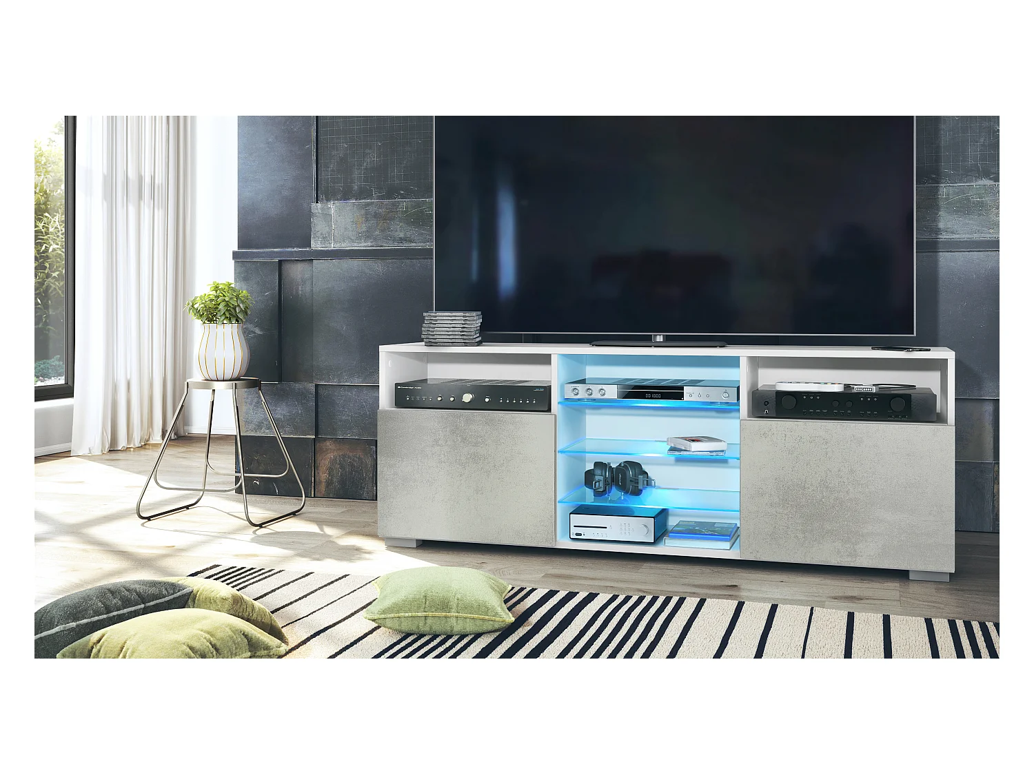 Meuble TV Granada, Lowboard avec 2 portes et 6 compartiments ouverts, corps blanc mat, façades en aspect béton oxyde avec éclairage LED RVB (146 x 54 x 35 cm)