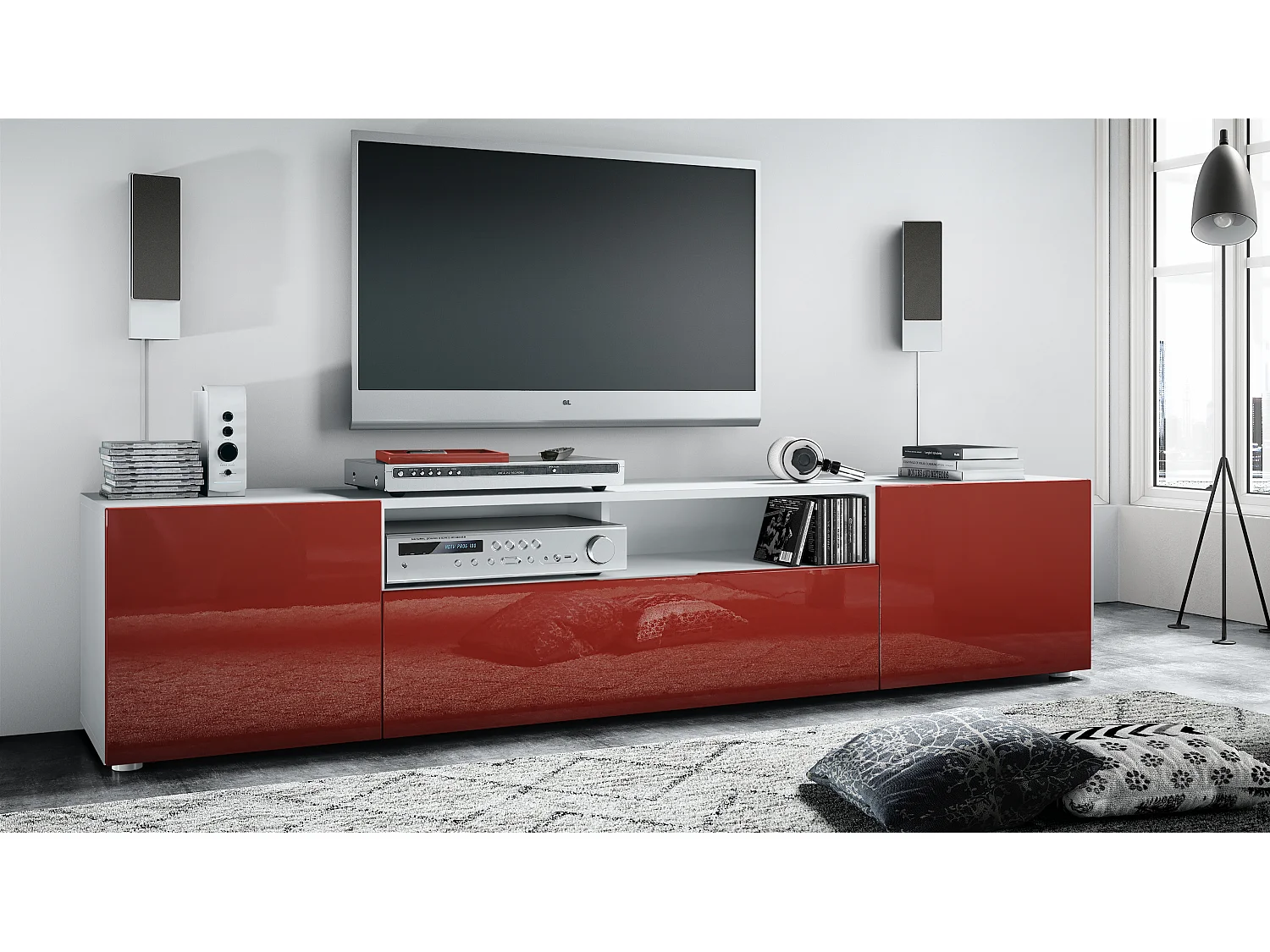 Buffet bas Mogan, Meuble TV avec 2 portes, 1 clapet et 1 compartiment ouvert, Blanc mat/Bordeaux haute brillance (181 x 39 x 35 cm)