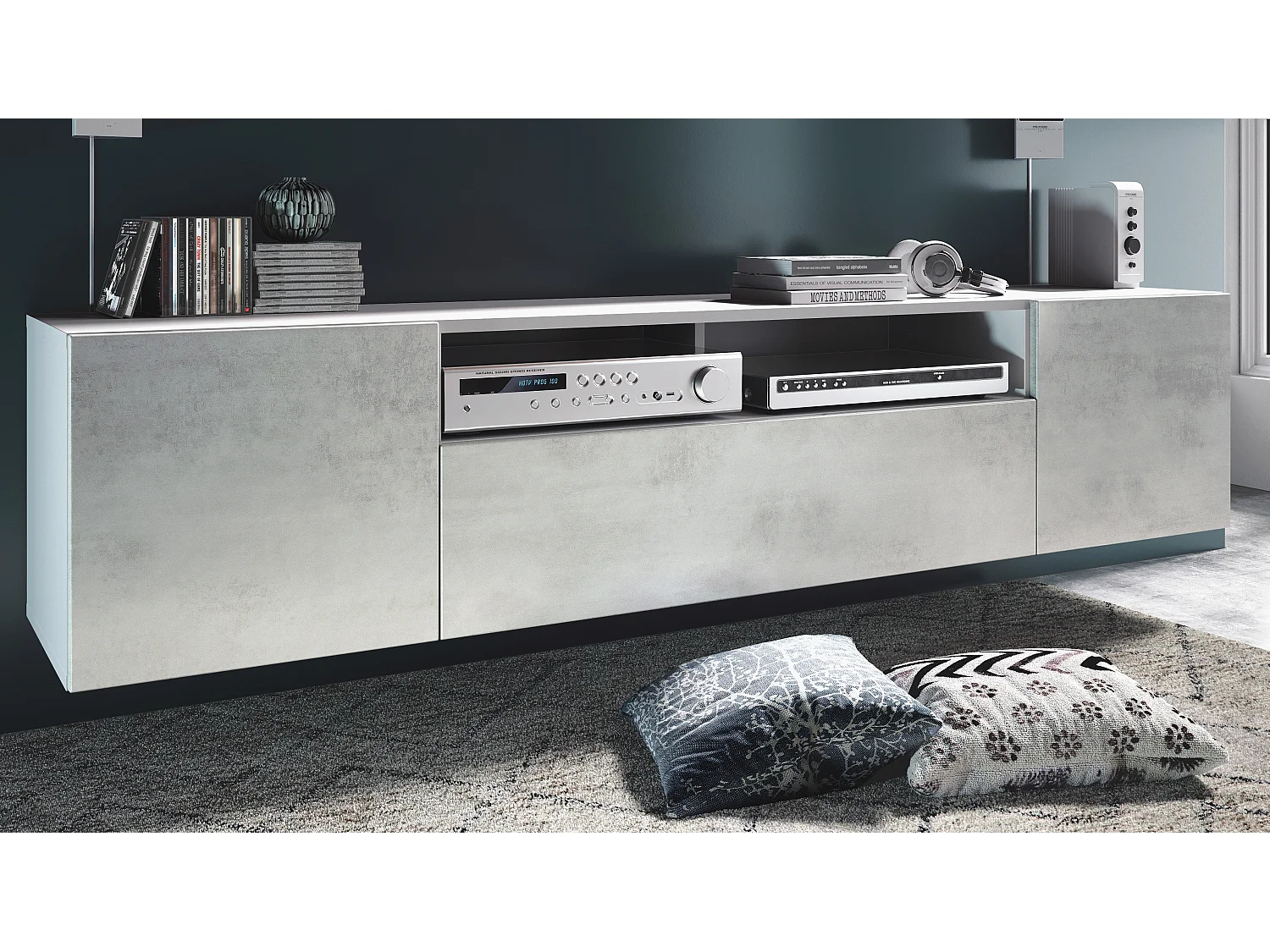 Buffet bas Mogan, Meuble TV avec 2 portes, 1 clapet et 1 compartiment ouvert, Blanc mat/Bordeaux haute brillance (181 x 39 x 35 cm)