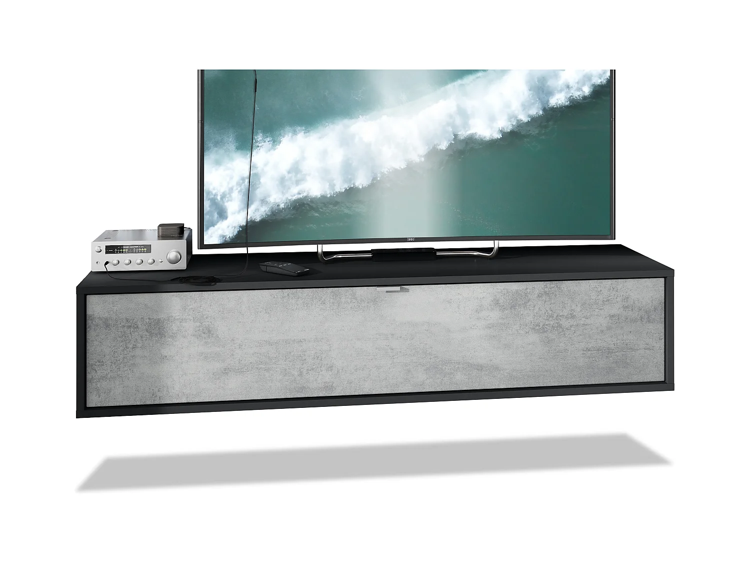 Meuble TV Lana 140 armoire murale lowboard 140 x 29 x 37 cm, caisson en Noir mat, façades en aspect béton oxyde | Grand choix de couleurs