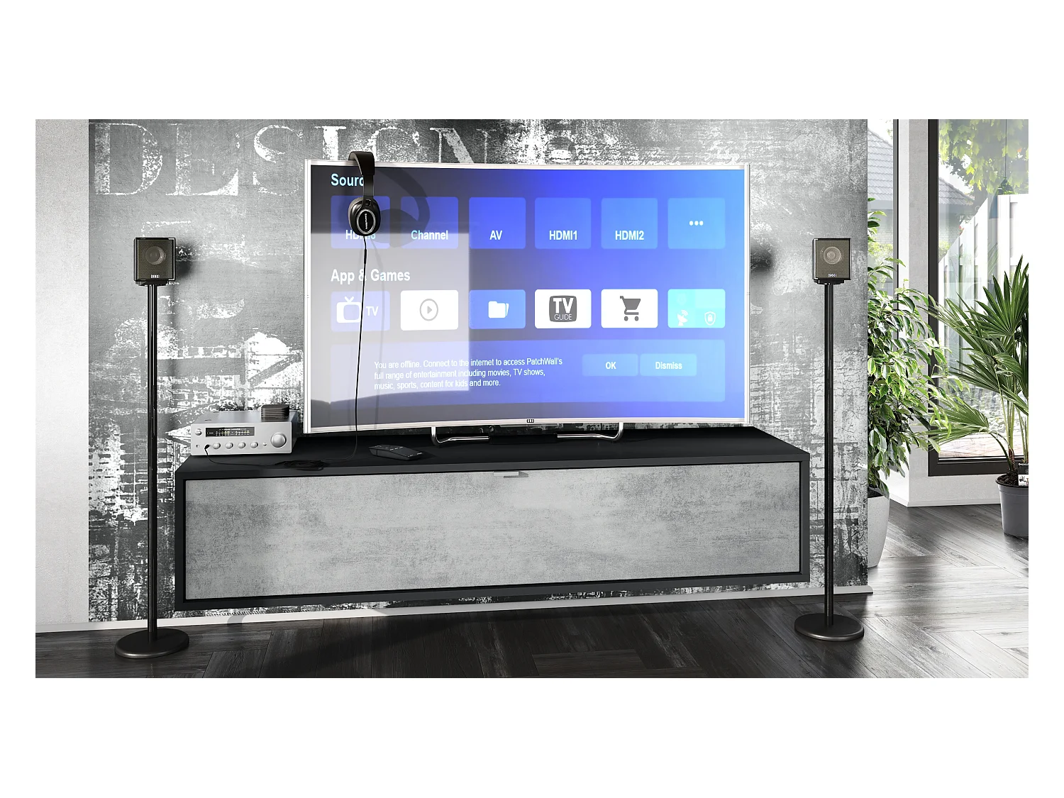 Meuble TV Lana 140 armoire murale lowboard 140 x 29 x 37 cm, caisson en Noir mat, façades en aspect béton oxyde | Grand choix de couleurs