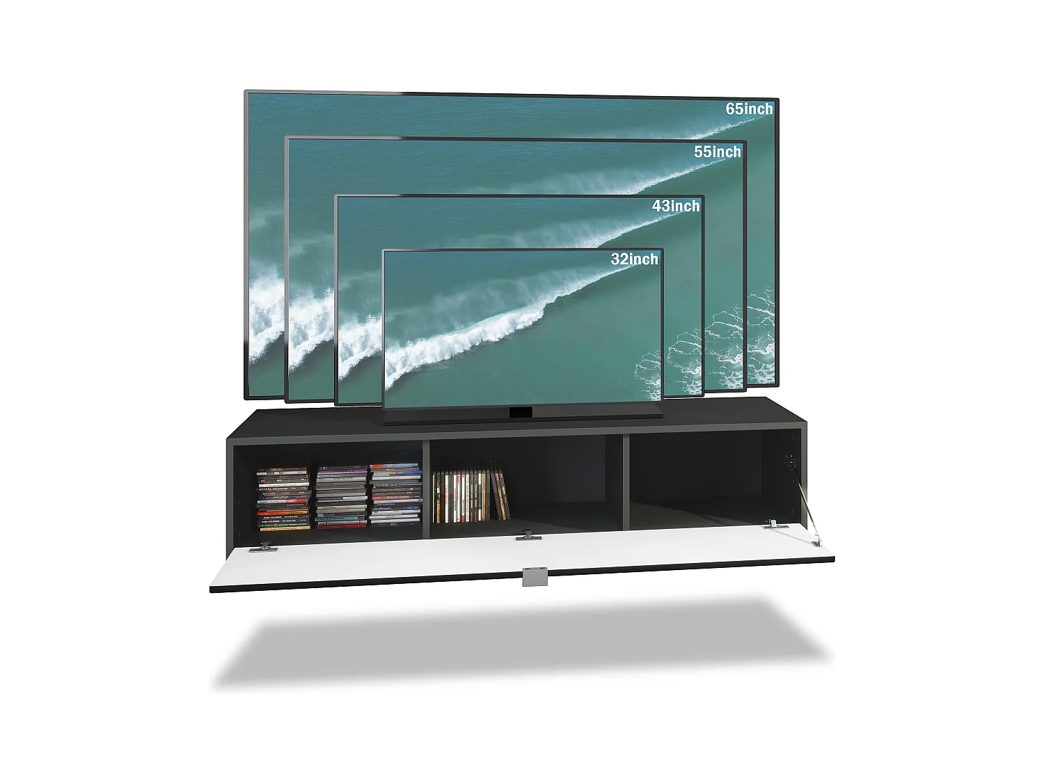 Meuble TV Lana 140 armoire murale lowboard 140 x 29 x 37 cm, caisson en Noir mat, façades en aspect béton oxyde | Grand choix de couleurs