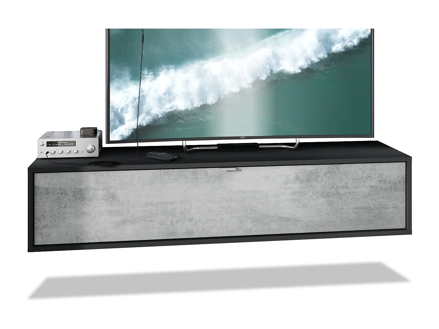 Meuble TV Lana 140 armoire murale lowboard 140 x 29 x 37 cm, caisson en Noir mat, façades en aspect béton oxyde | Grand choix de couleurs