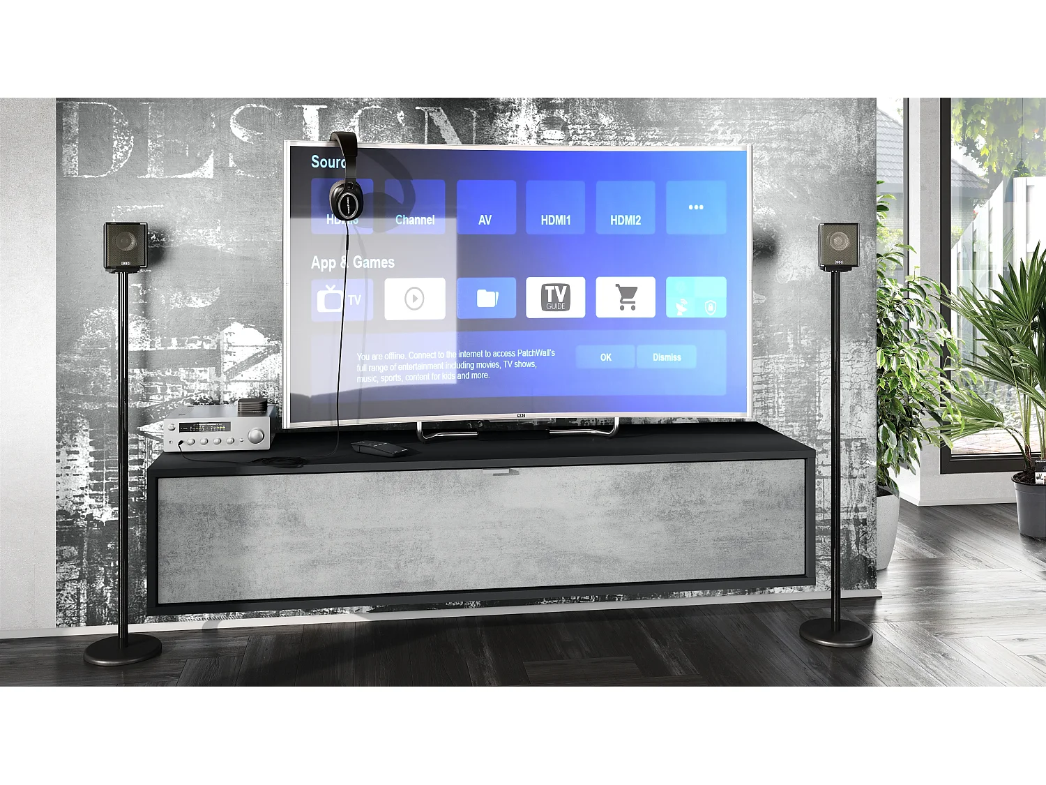 Meuble TV Lana 140 armoire murale lowboard 140 x 29 x 37 cm, caisson en Noir mat, façades en aspect béton oxyde | Grand choix de couleurs