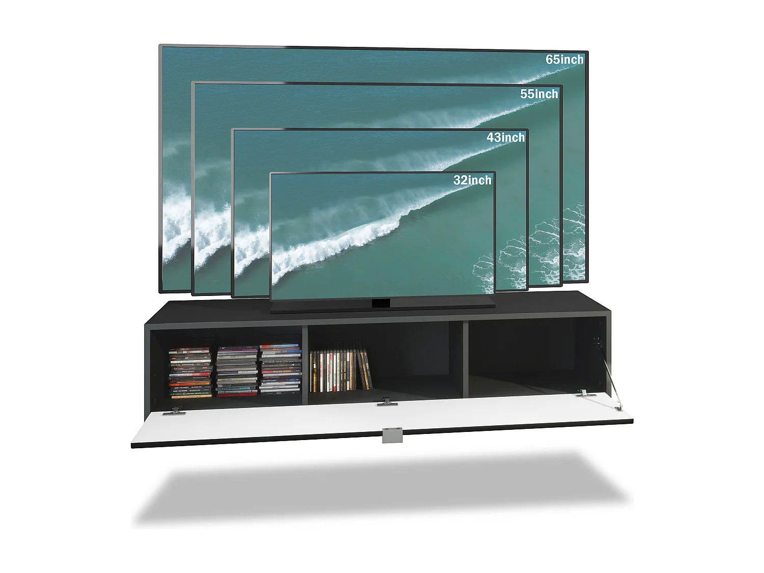 Meuble TV Lana 140 armoire murale lowboard 140 x 29 x 37 cm, caisson en Noir mat, façades en aspect béton oxyde | Grand choix de couleurs