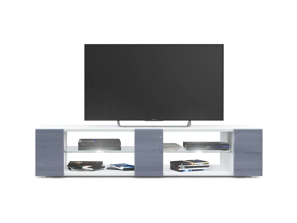 Buffet bas Movie V2, Meuble TV avec 6 compartiments ouverts et placages décoratifs, Blanc mat/Gris brillant, éclairage LED blanc inclus (134 x 29 x 39 cm)