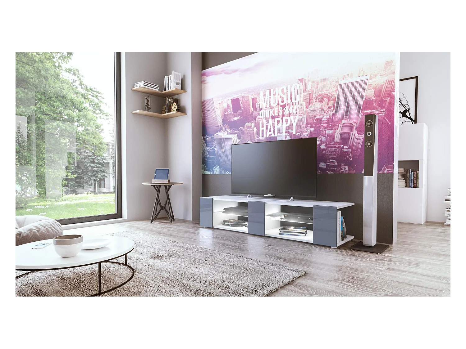 Buffet bas Movie V2, Meuble TV avec 6 compartiments ouverts et placages décoratifs, Blanc mat/Gris brillant, éclairage LED blanc inclus (134 x 29 x 39 cm)