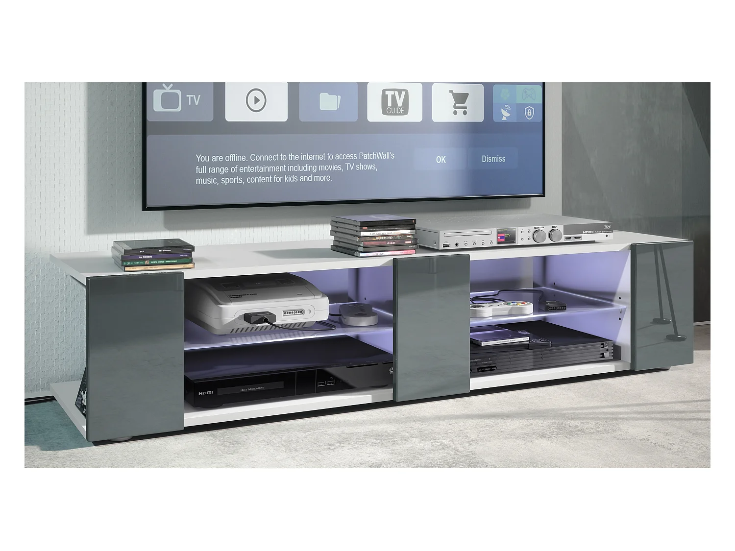 Buffet bas Movie V2, Meuble TV avec 6 compartiments ouverts et placages décoratifs, Blanc mat/Gris brillant, éclairage LED blanc inclus (134 x 29 x 39 cm)