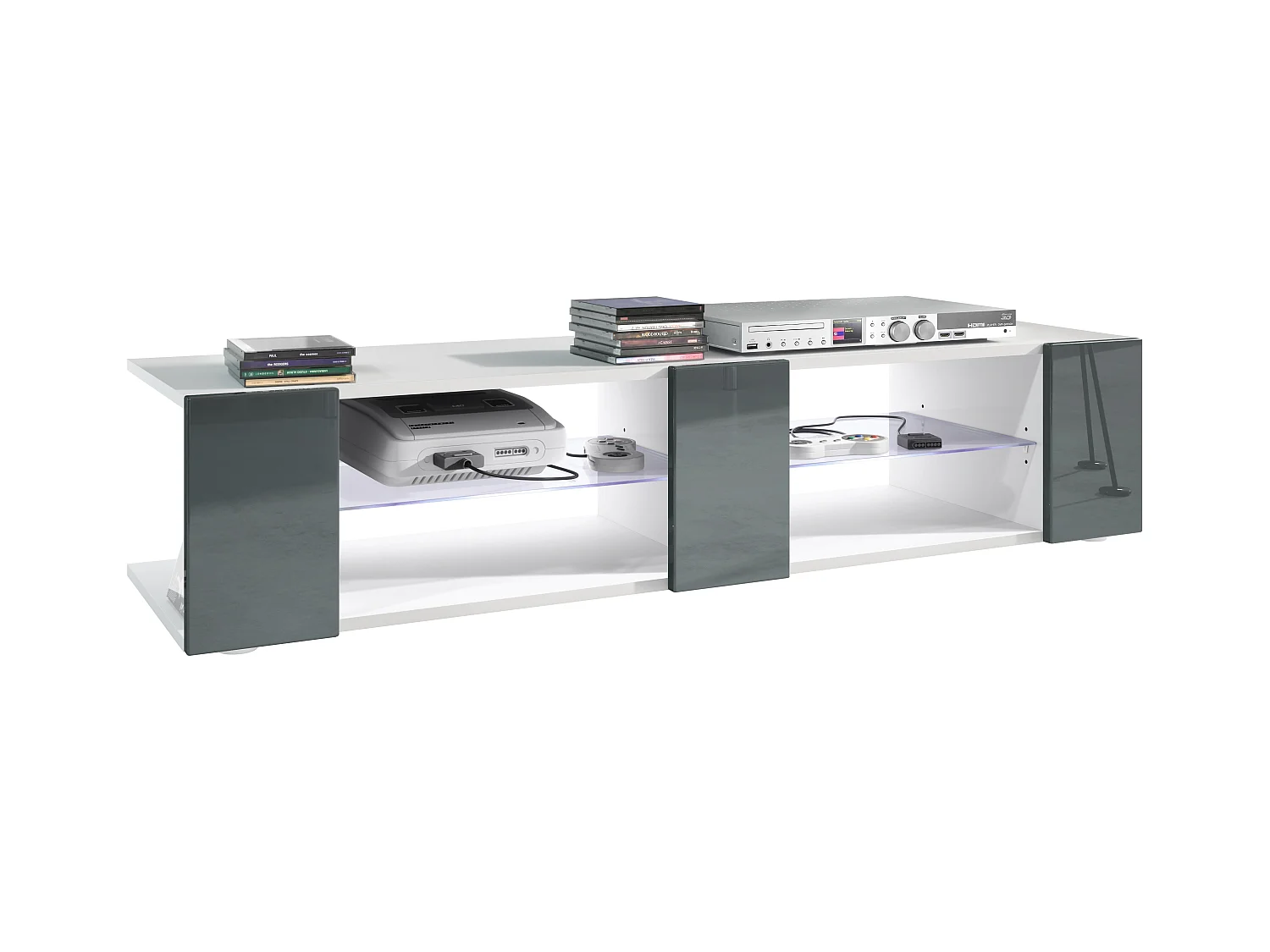 Buffet bas Movie V2, Meuble TV avec 6 compartiments ouverts et placages décoratifs, Blanc mat/Gris brillant, éclairage LED blanc inclus (134 x 29 x 39 cm)