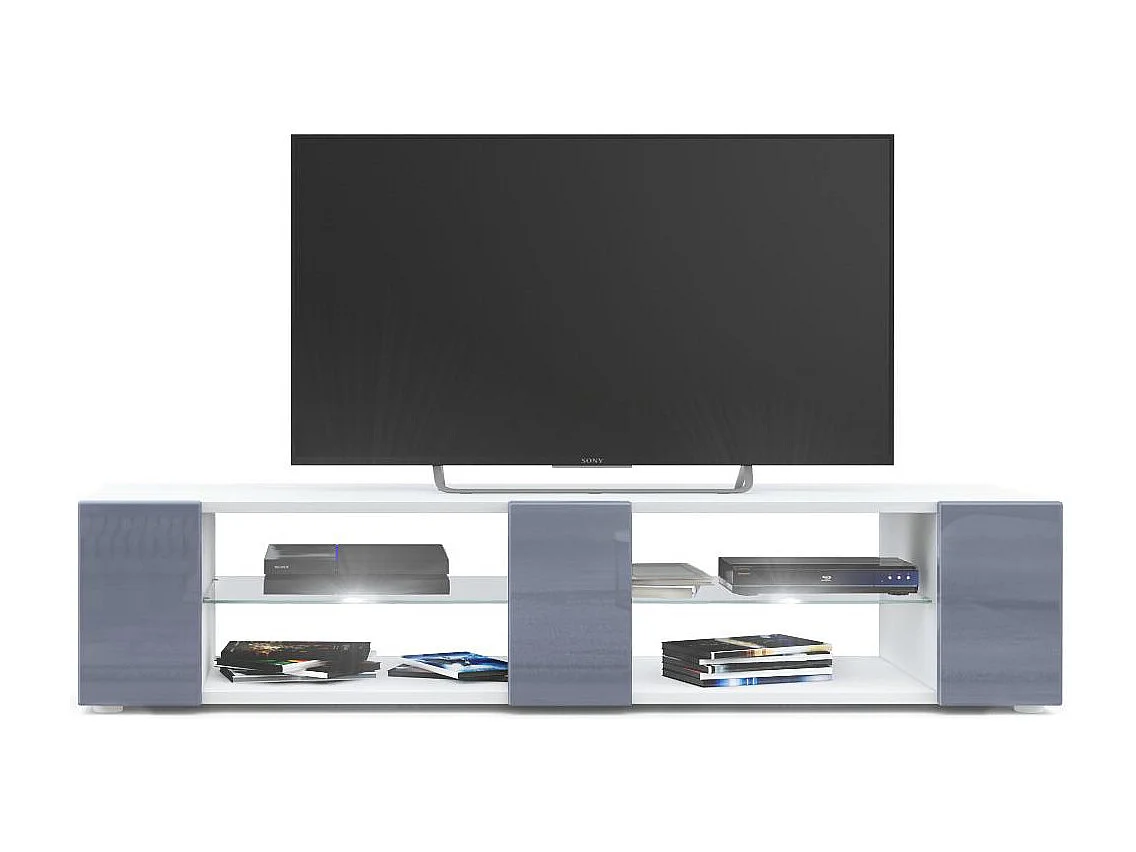 Buffet bas Movie V2, Meuble TV avec 6 compartiments ouverts et placages décoratifs, Blanc mat/Gris brillant, éclairage LED blanc inclus (134 x 29 x 39 cm)