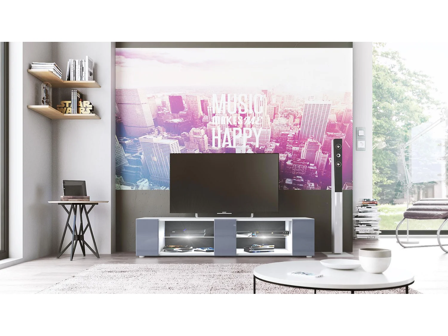 Buffet bas Movie V2, Meuble TV avec 6 compartiments ouverts et placages décoratifs, Blanc mat/Gris brillant, éclairage LED blanc inclus (134 x 29 x 39 cm)