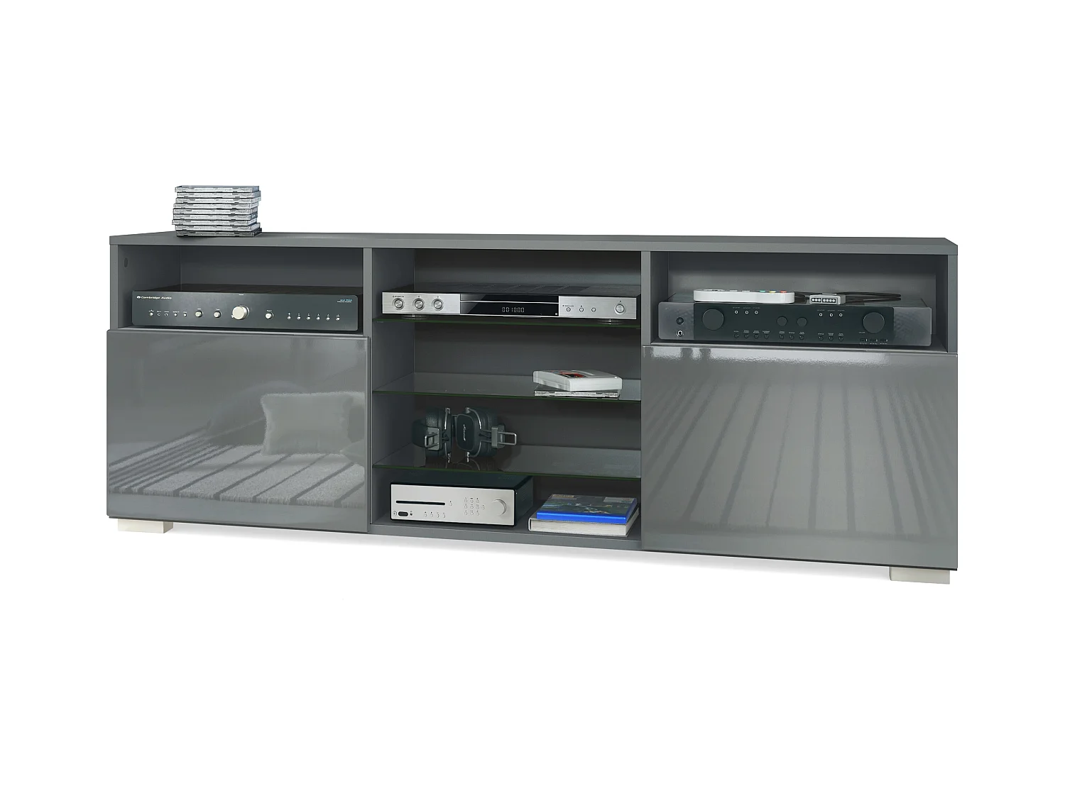 Meuble TV Granada, Lowboard avec 2 portes et 6 compartiments ouverts, corps anthracite mat, façades en gris haute brillance (146 x 54 x 35 cm)