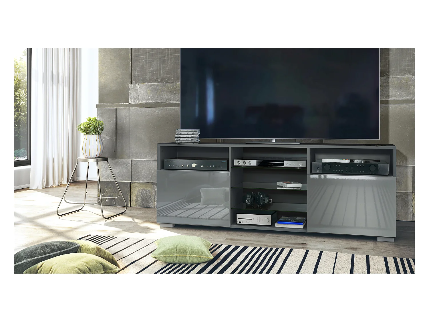 Meuble TV Granada, Lowboard avec 2 portes et 6 compartiments ouverts, corps anthracite mat, façades en gris haute brillance (146 x 54 x 35 cm)