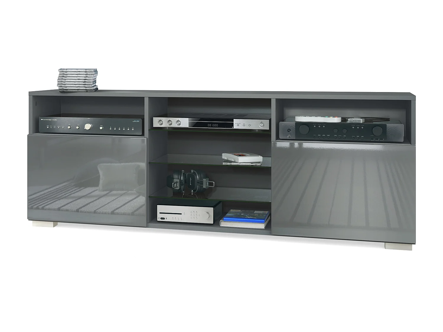 Meuble TV Granada, Lowboard avec 2 portes et 6 compartiments ouverts, corps anthracite mat, façades en gris haute brillance (146 x 54 x 35 cm)