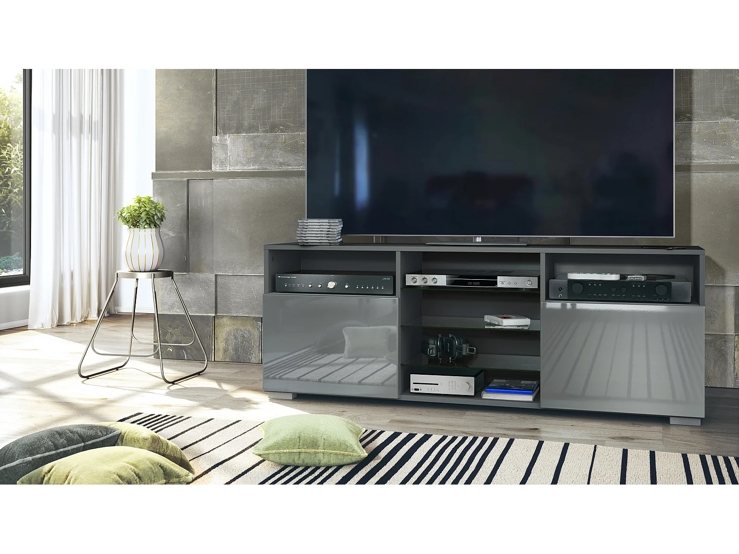 Meuble TV Granada, Lowboard avec 2 portes et 6 compartiments ouverts, corps anthracite mat, façades en gris haute brillance (146 x 54 x 35 cm)